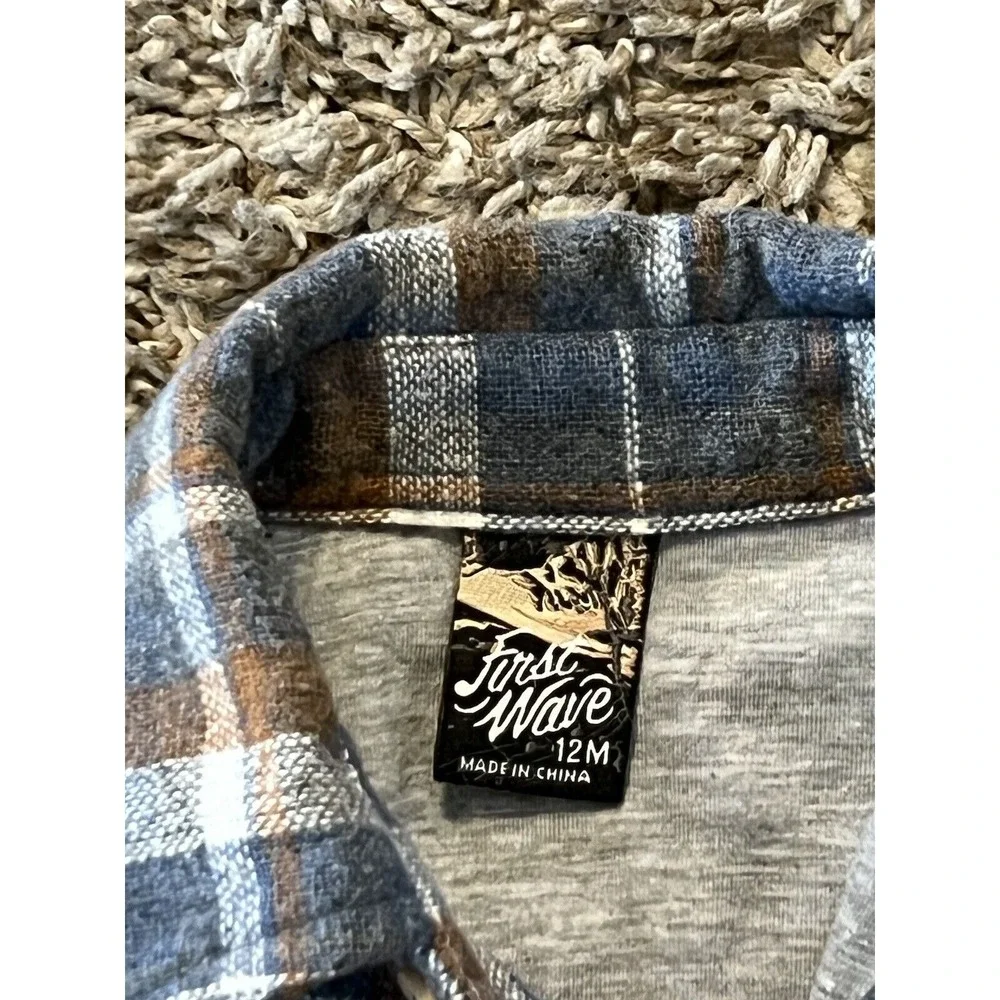 Baby Boy First Wave Plaid Button Up Flannel Shirt Lined Jacket Shacket Sz 12 mos